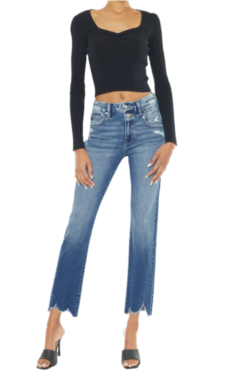 Kancan High Rise Wide Waistband Slim Straight Jeans