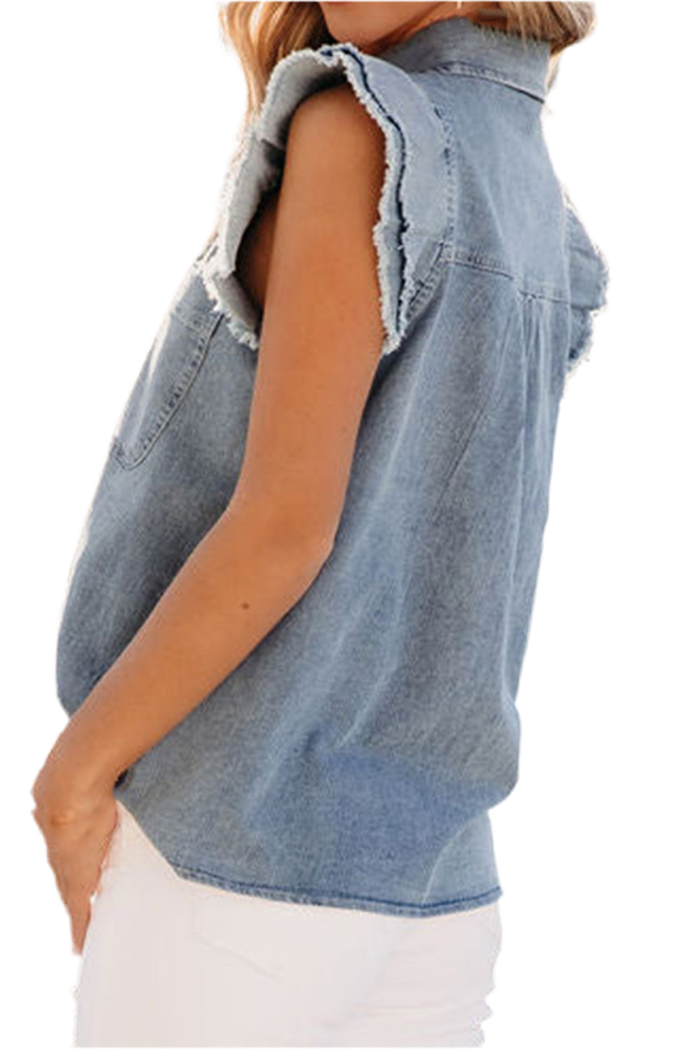 Raw Hem Cap Sleeve Denim Top