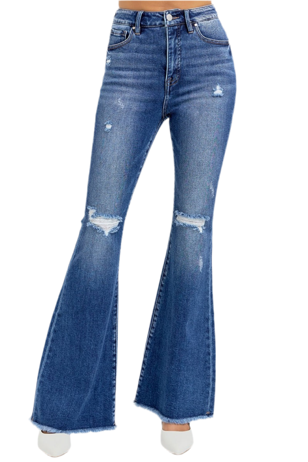 RISEN High Rise Distressed Raw Hem Flare Jeans