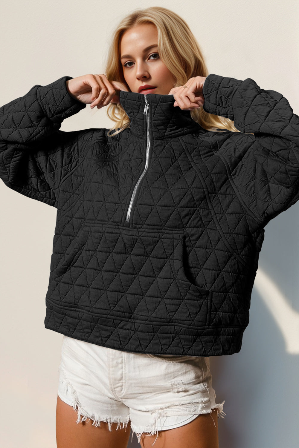 Half Zip Quilted Sweatshirt w/ Pockets