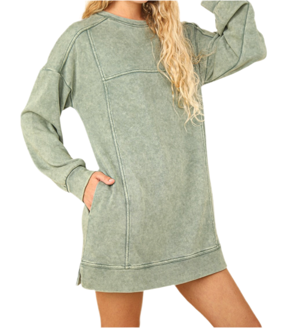 Mineral Washed Oversized Sweatshirt Mini Dress- Sage