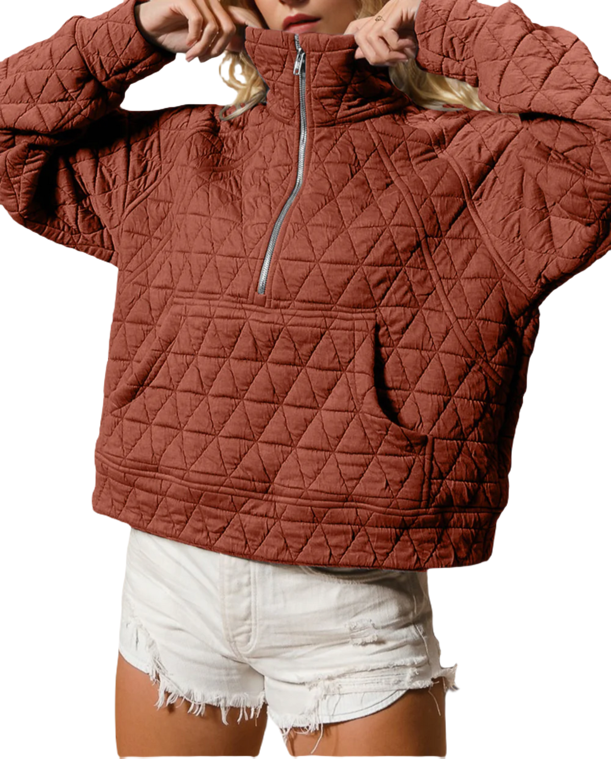 Half Zip Quilted Sweatshirt w/ Pockets