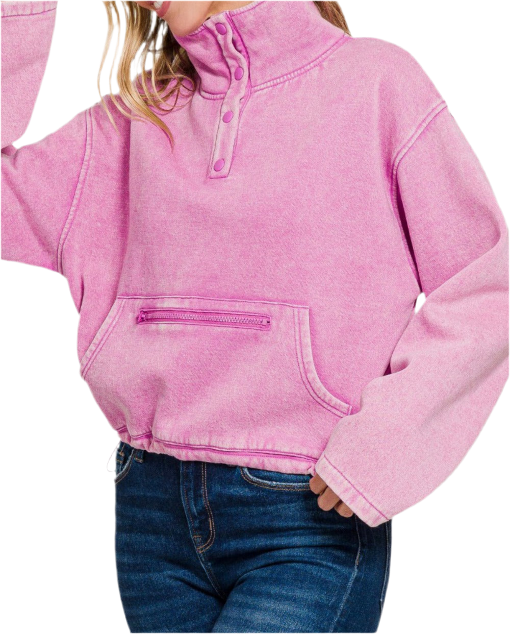 Acid Wash Half Snap Sweatshirt with Pocket- Mauve