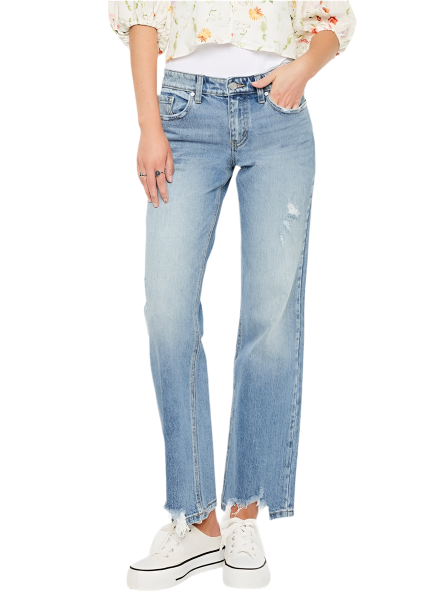 Kancan Mid Rise Frayed Hem Straight Jeans