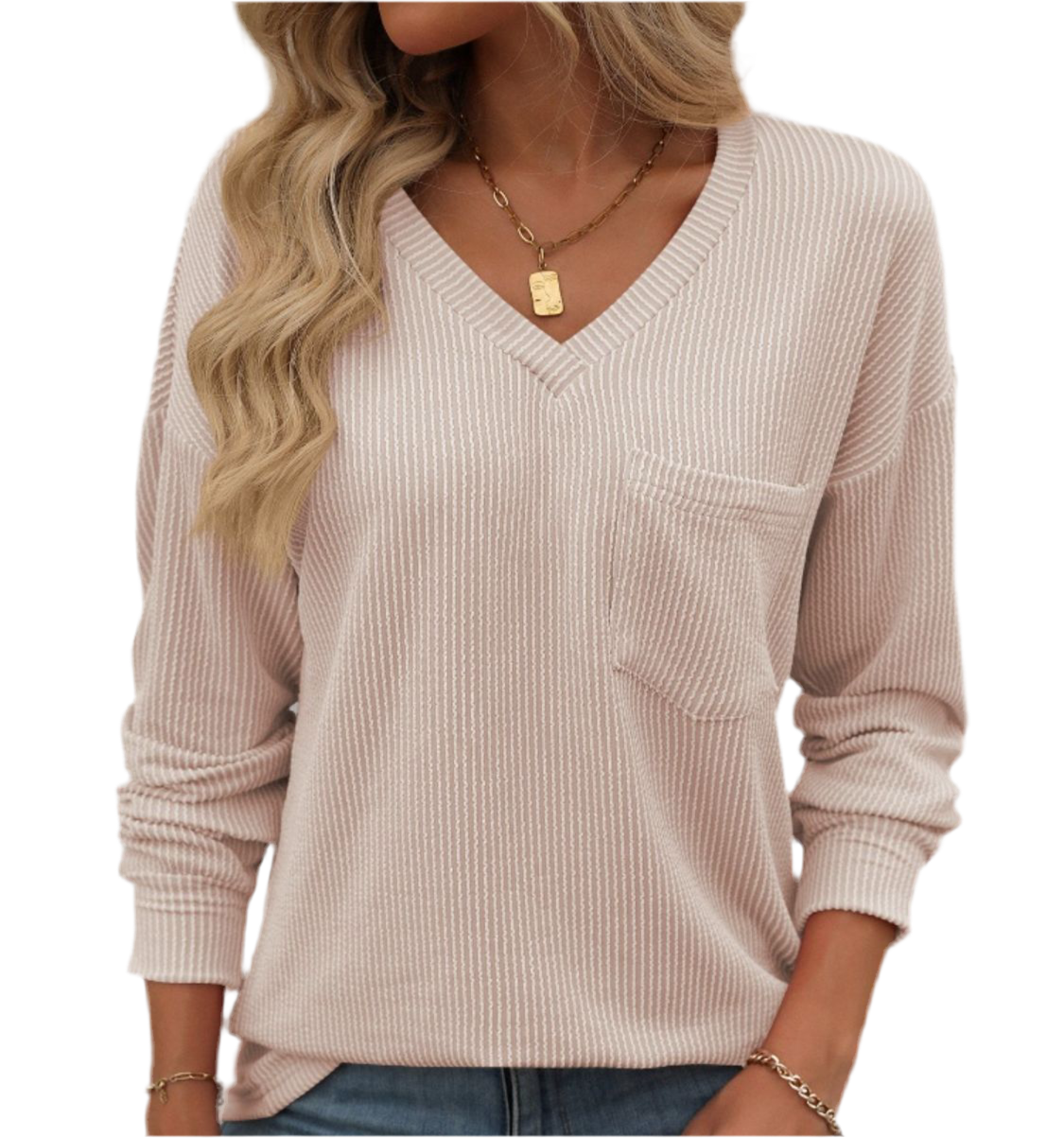 Ribbed V-Neck Long Sleeve T-Shirt