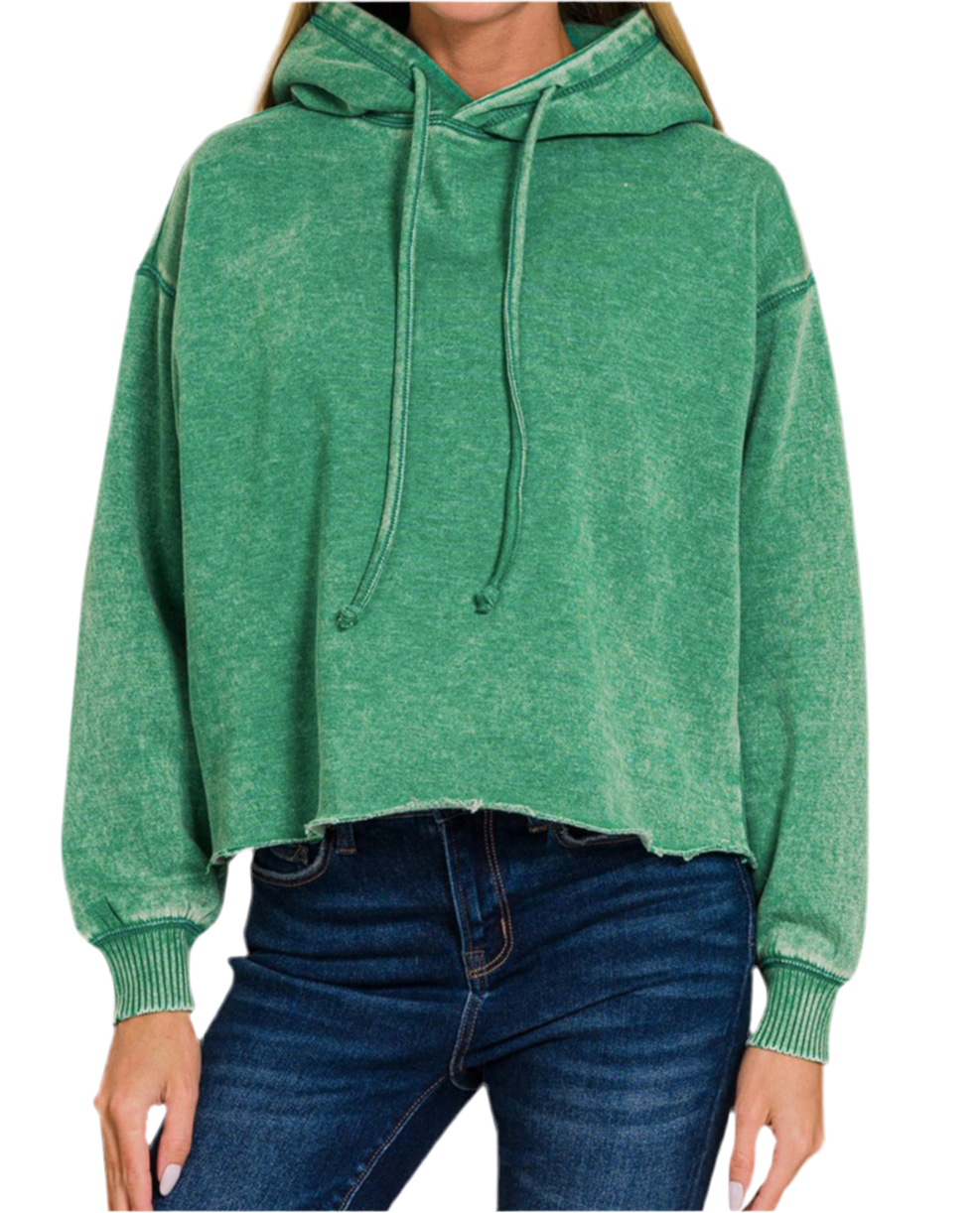 Acid Wash Fleece Cropped Hoodie- Forest