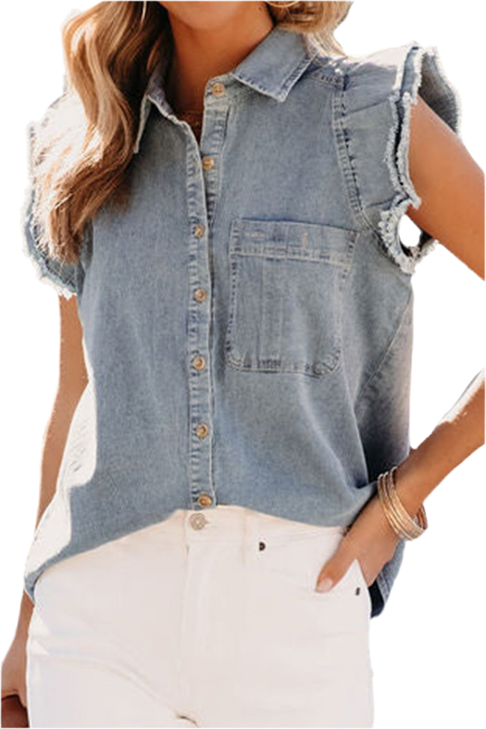 Raw Hem Cap Sleeve Denim Top