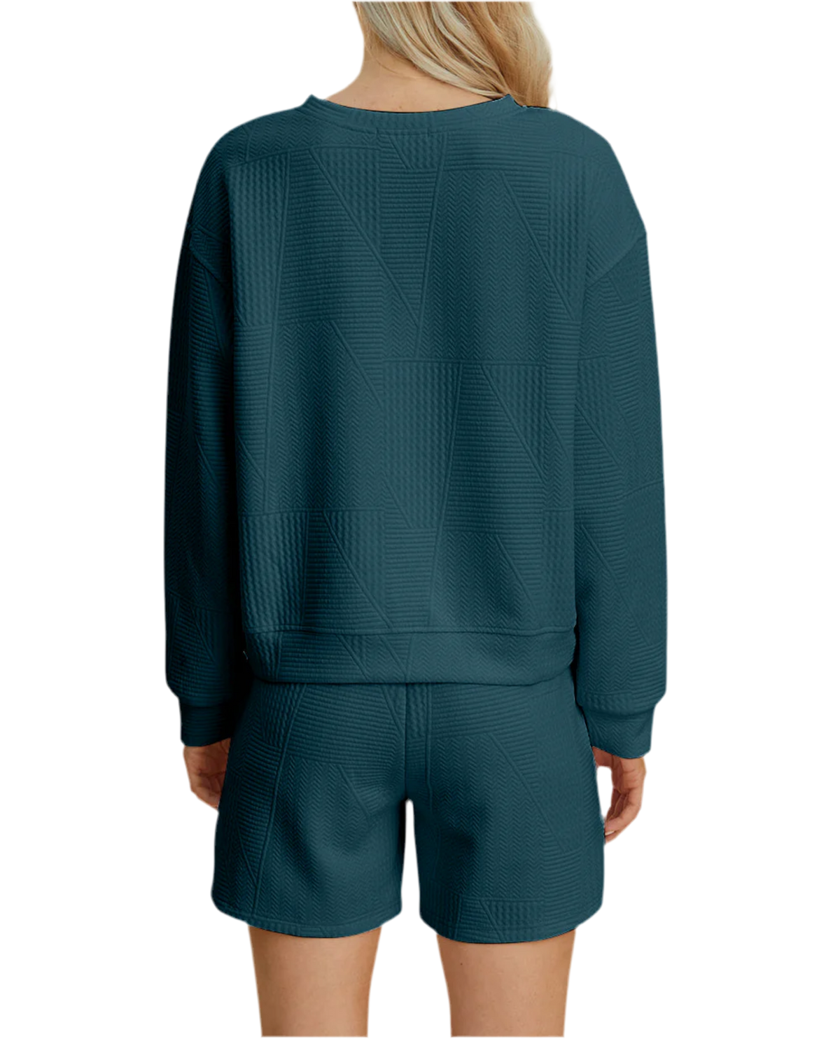 Texture Long Sleeve Top and Shorts Set- Peacock Blue