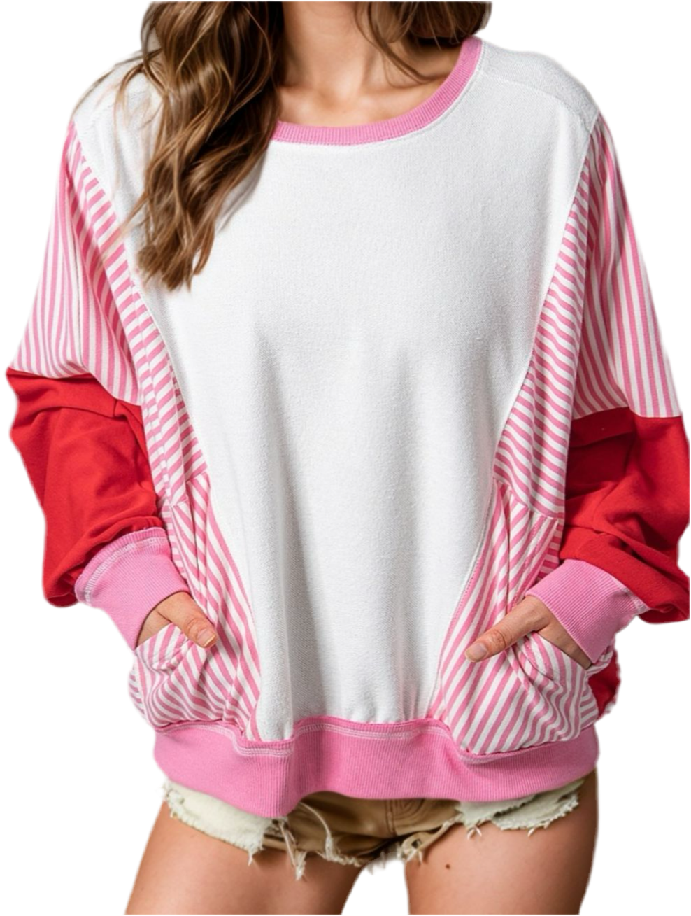 Striped Color Block Sweatshirt- Pink & Red