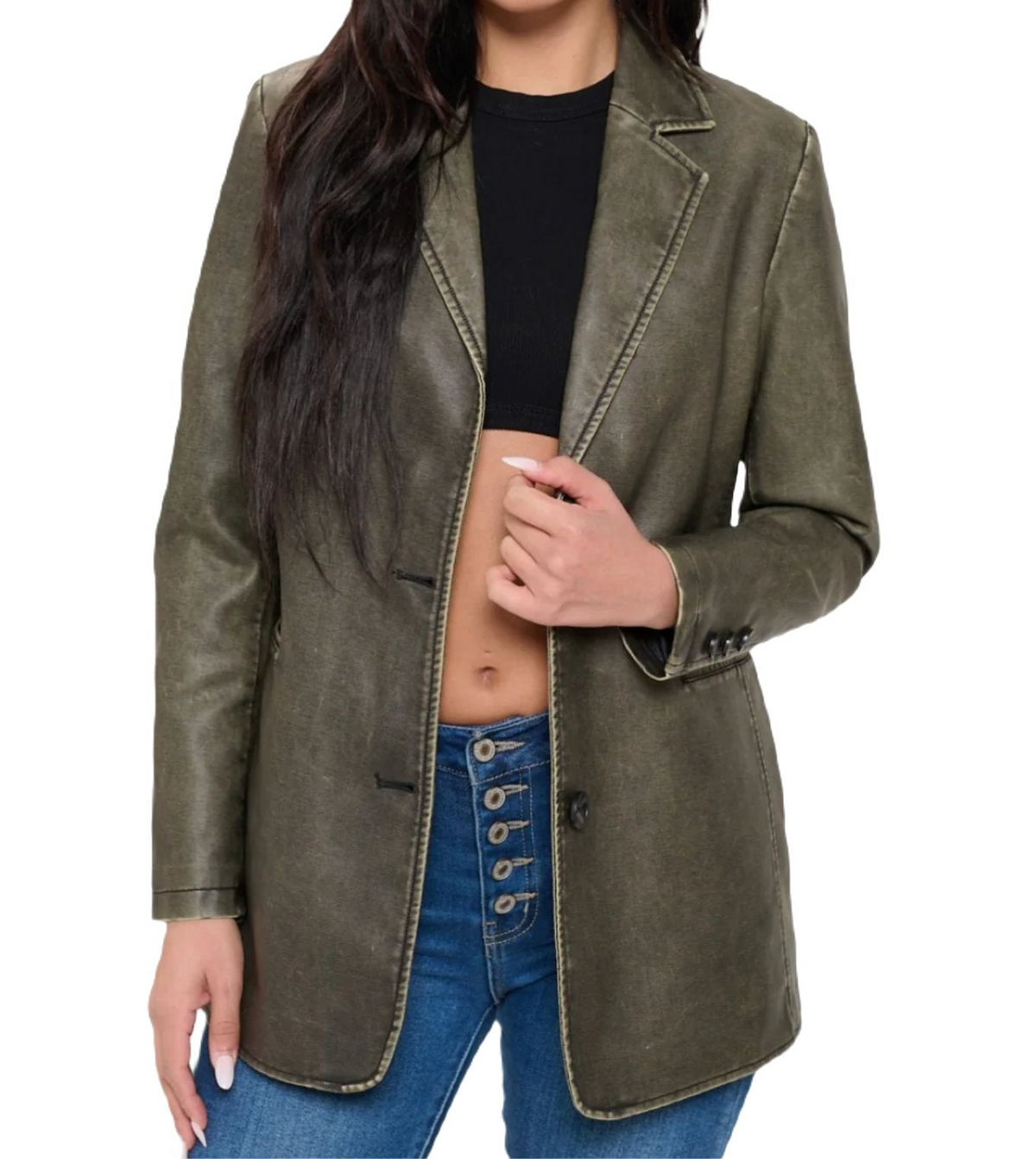 Vegan Leather Blazer - Olive Brown