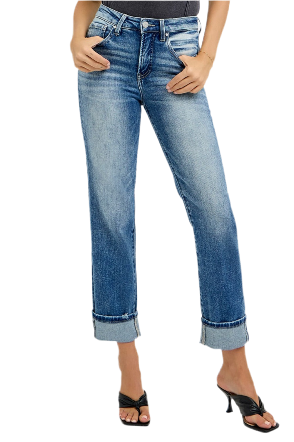 High Rise Crop Straight Roll Up Jeans