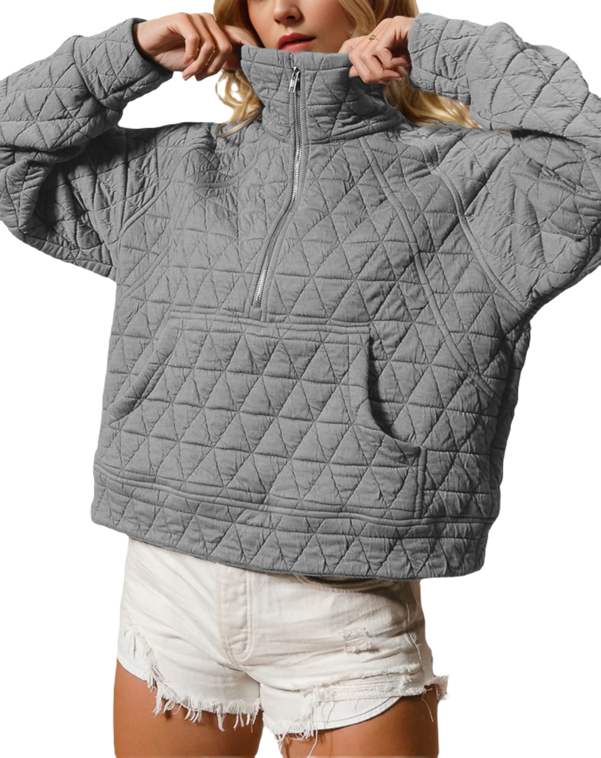 Half Zip Quilted Sweatshirt w/ Pockets