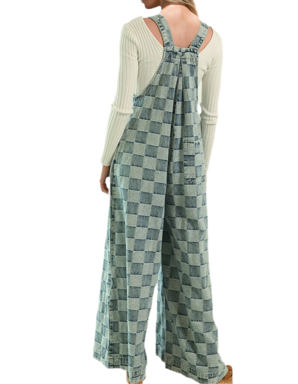 Checkered Wide Leg Denim Jumpsuit