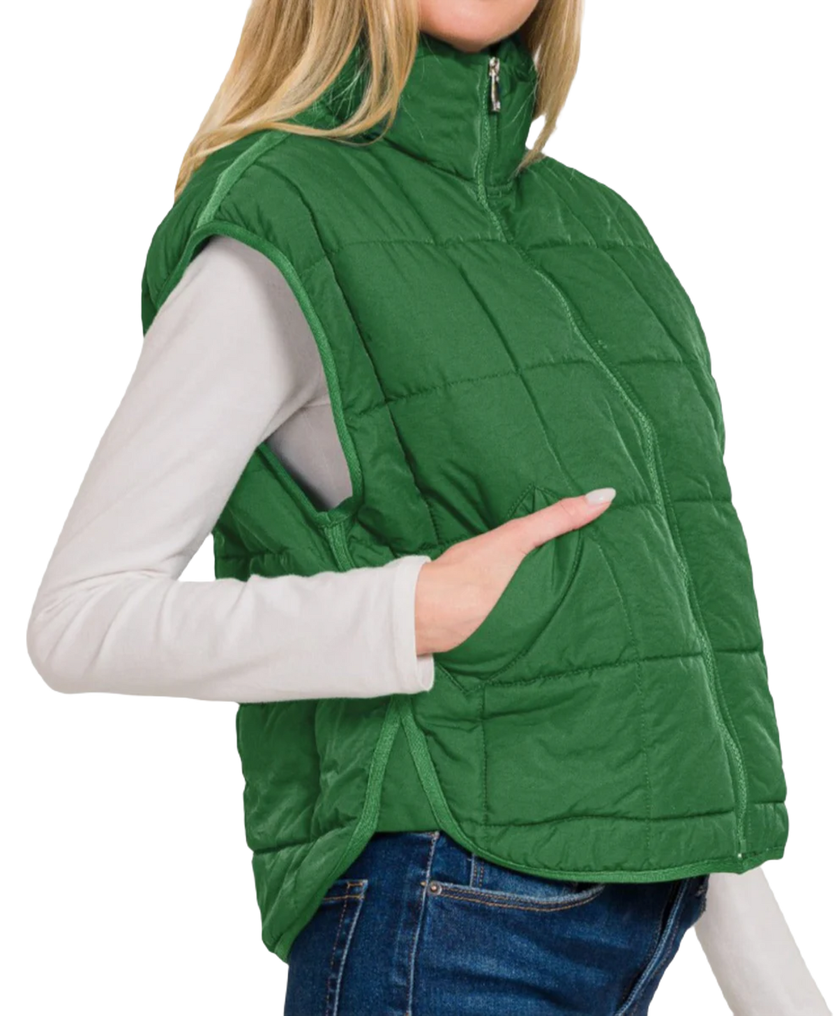 Cropped Puffer Vest- Dk Green