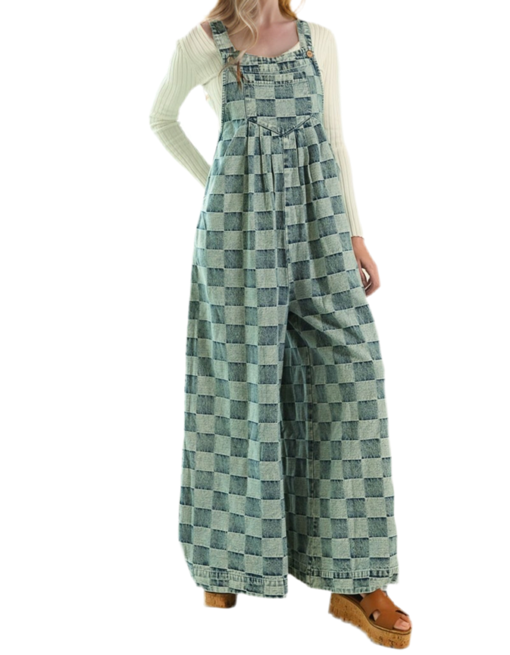 Checkered Wide Leg Denim Jumpsuit