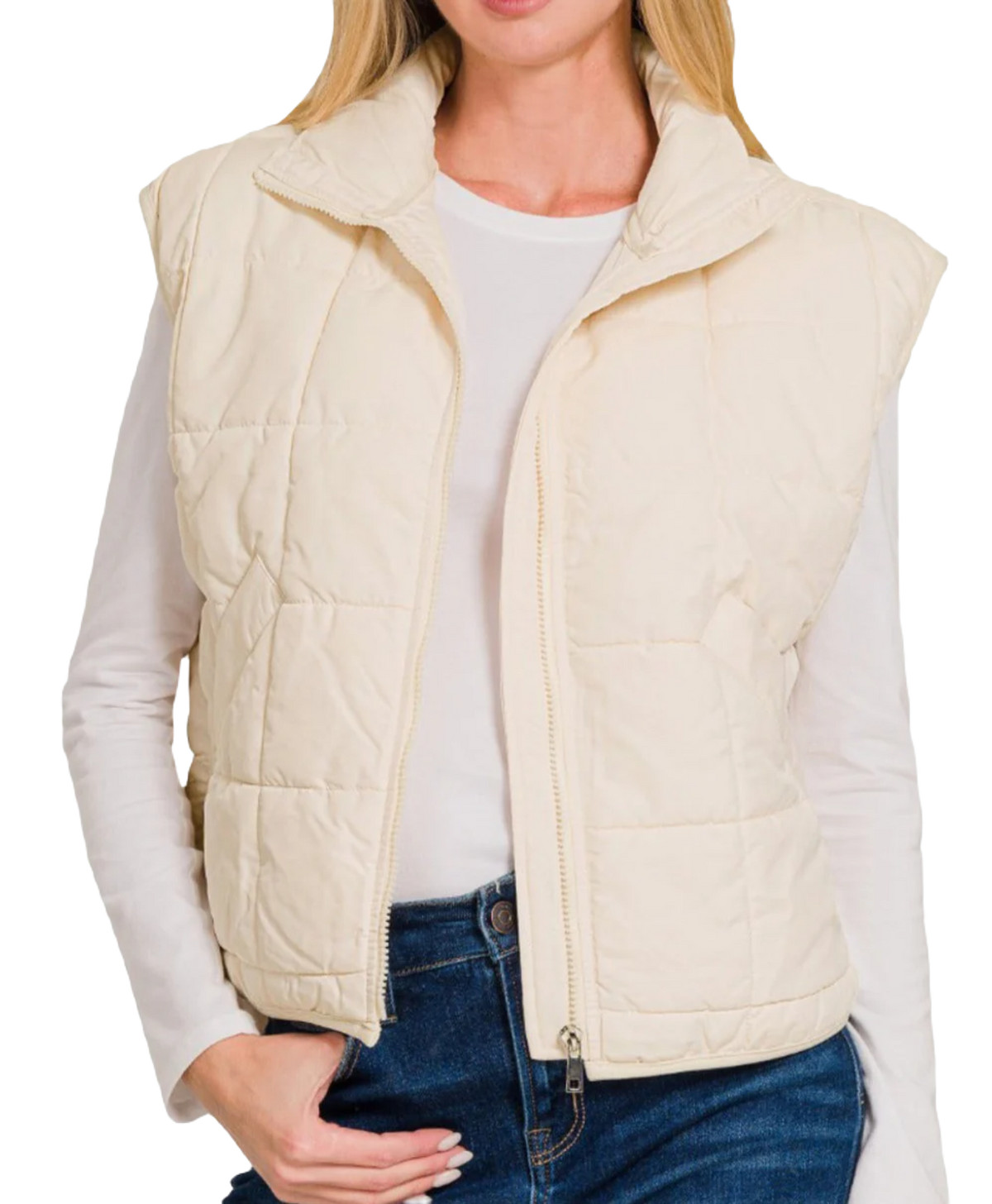 Cropped Puffer Vest- Cream