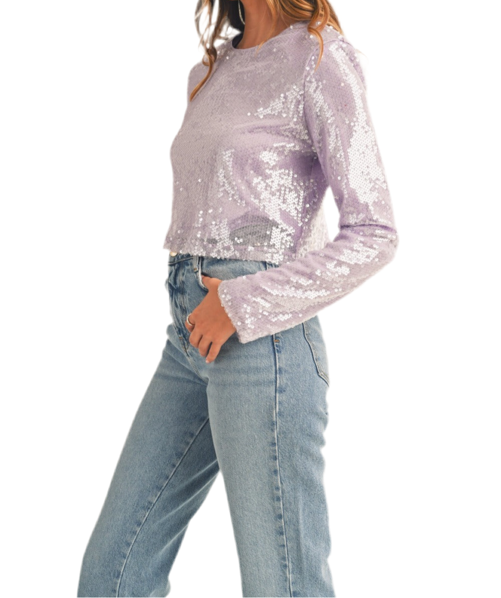 Shoulder Padded Sequin Crop Top-Lavender