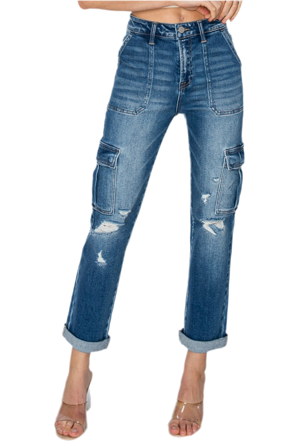 RISEN Full Size High Rise Cargo Ankle Roll Up Straight Jeans