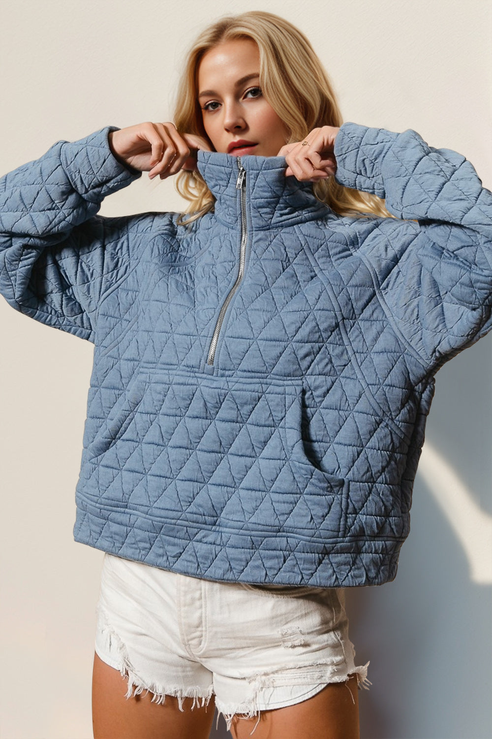 Half Zip Quilted Sweatshirt w/ Pockets