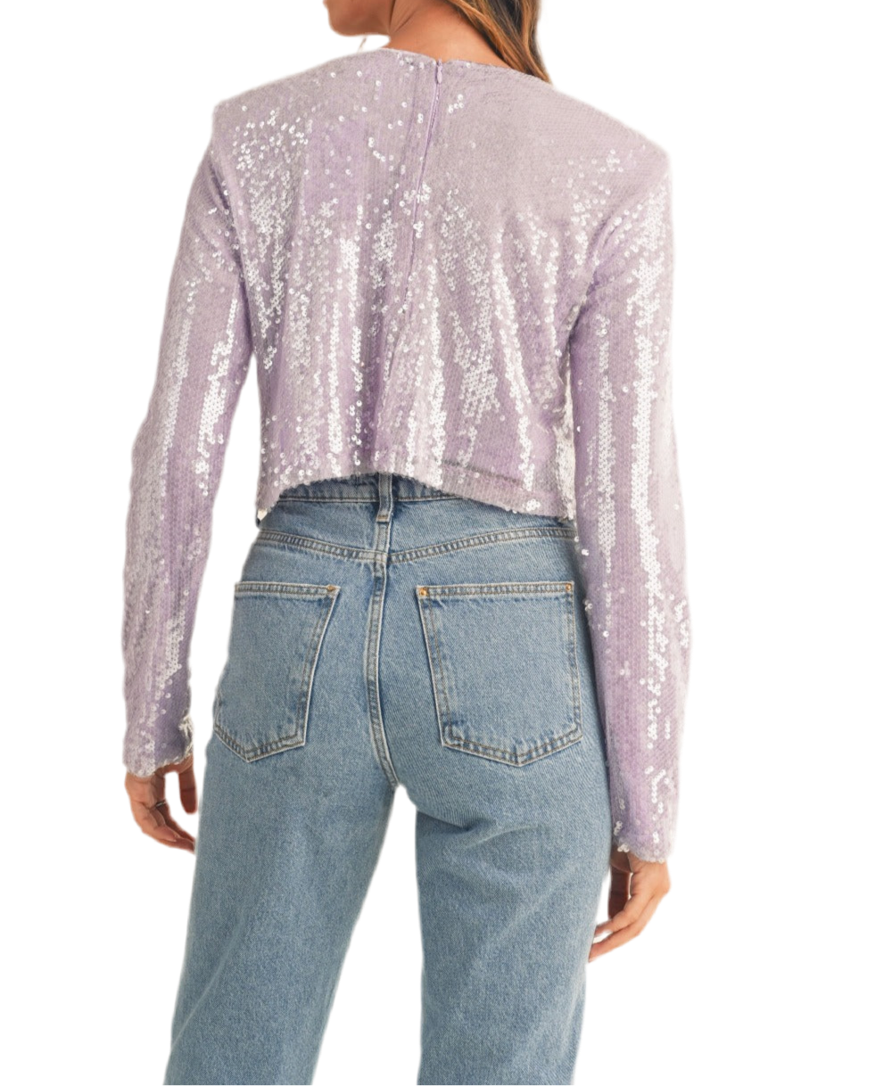 Shoulder Padded Sequin Crop Top-Lavender