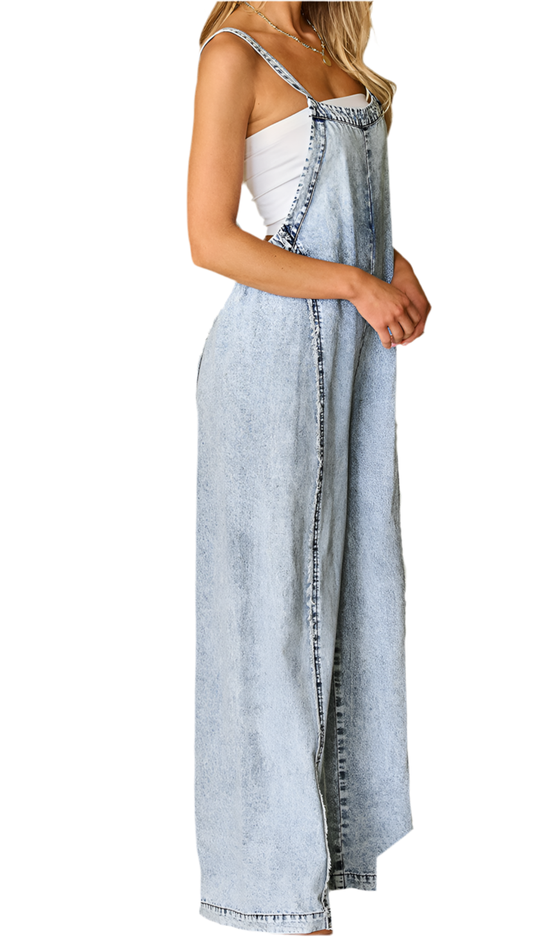 Square Neck Wide Strap Denim Overalls