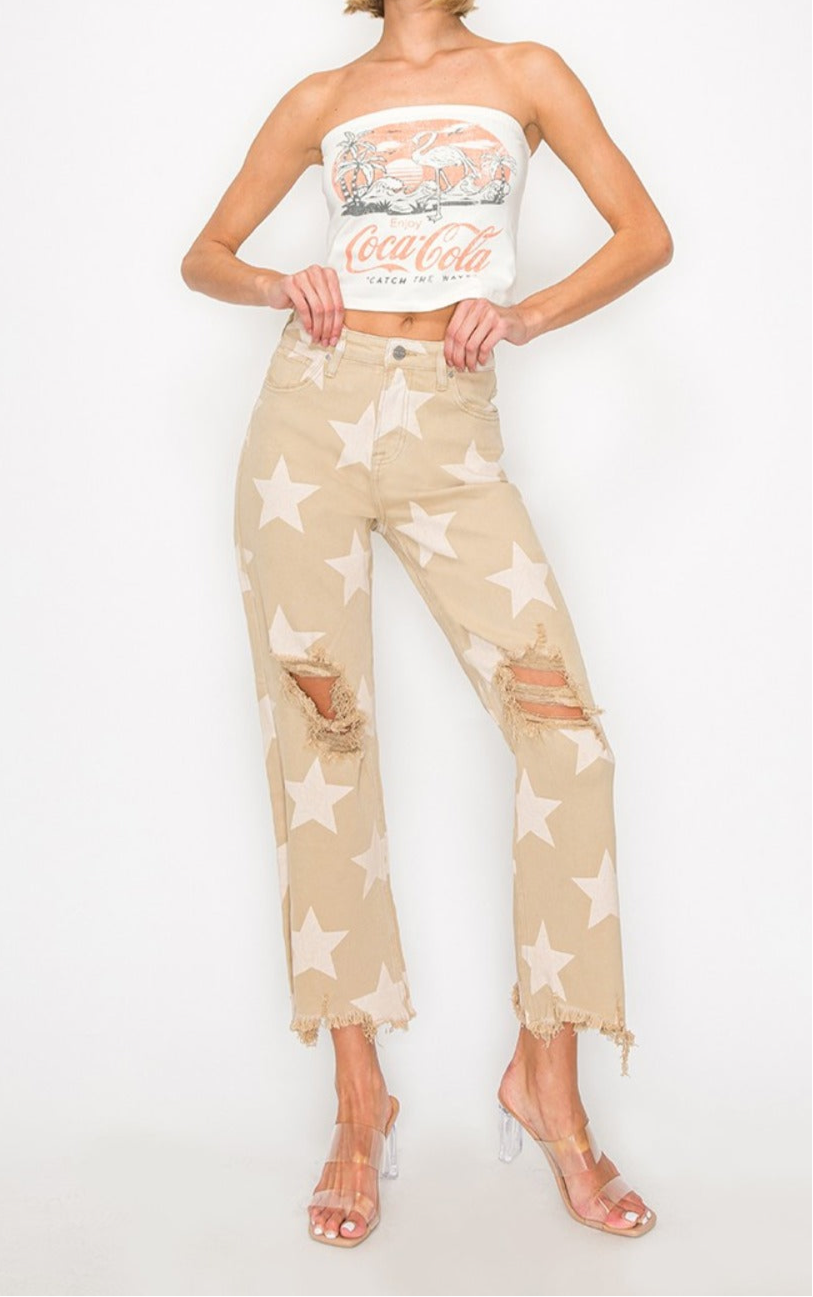 RISEN High Rise Star Printed Frayed Hem Jeans