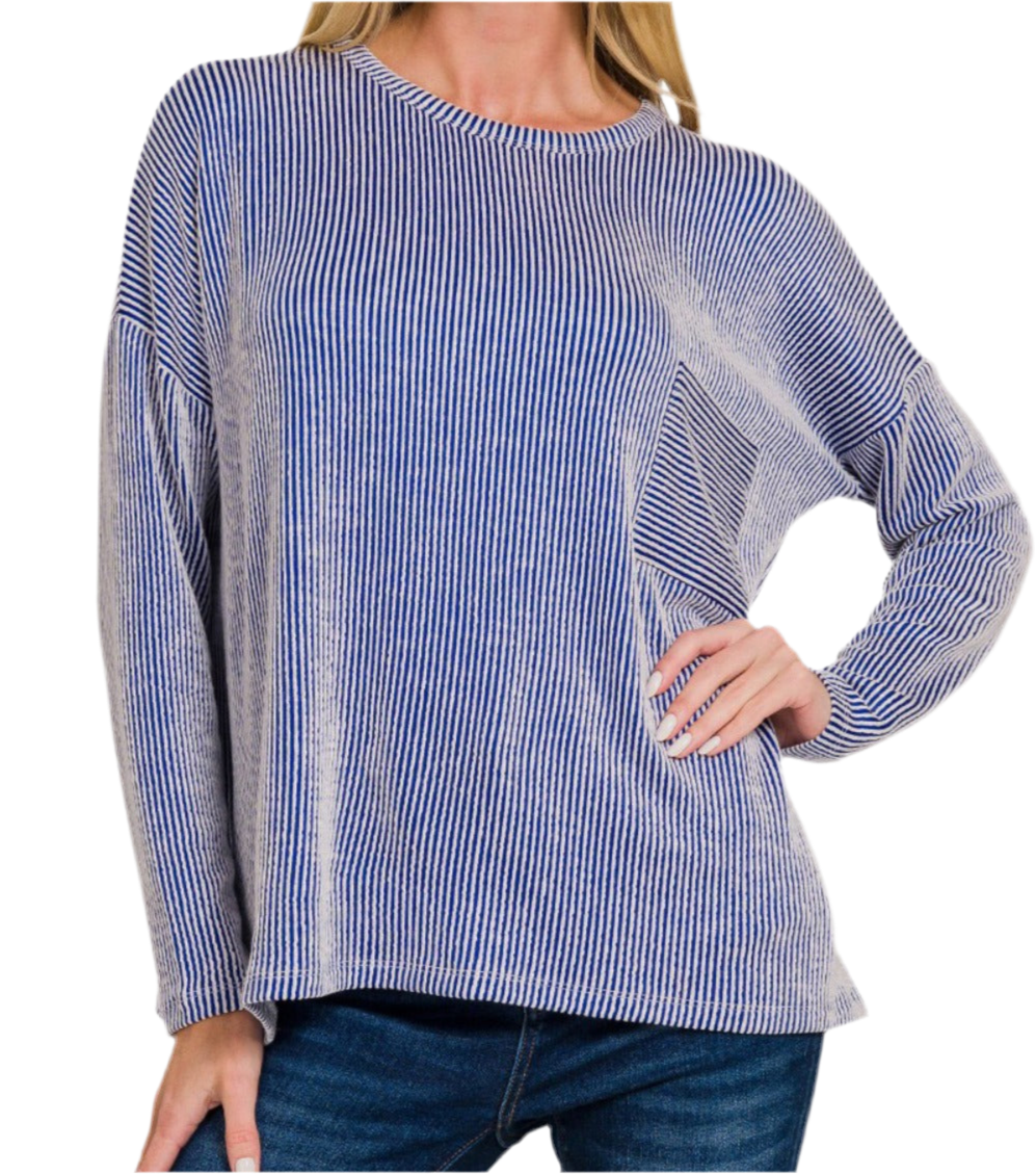 Ribbed Striped Long Sleeve T-Shirt- Bright Blue