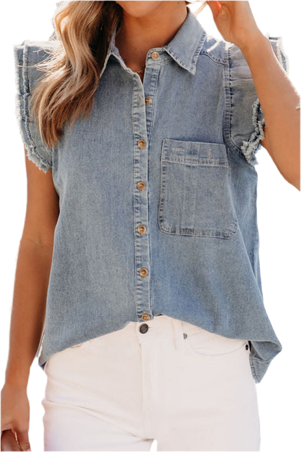 Raw Hem Cap Sleeve Denim Top