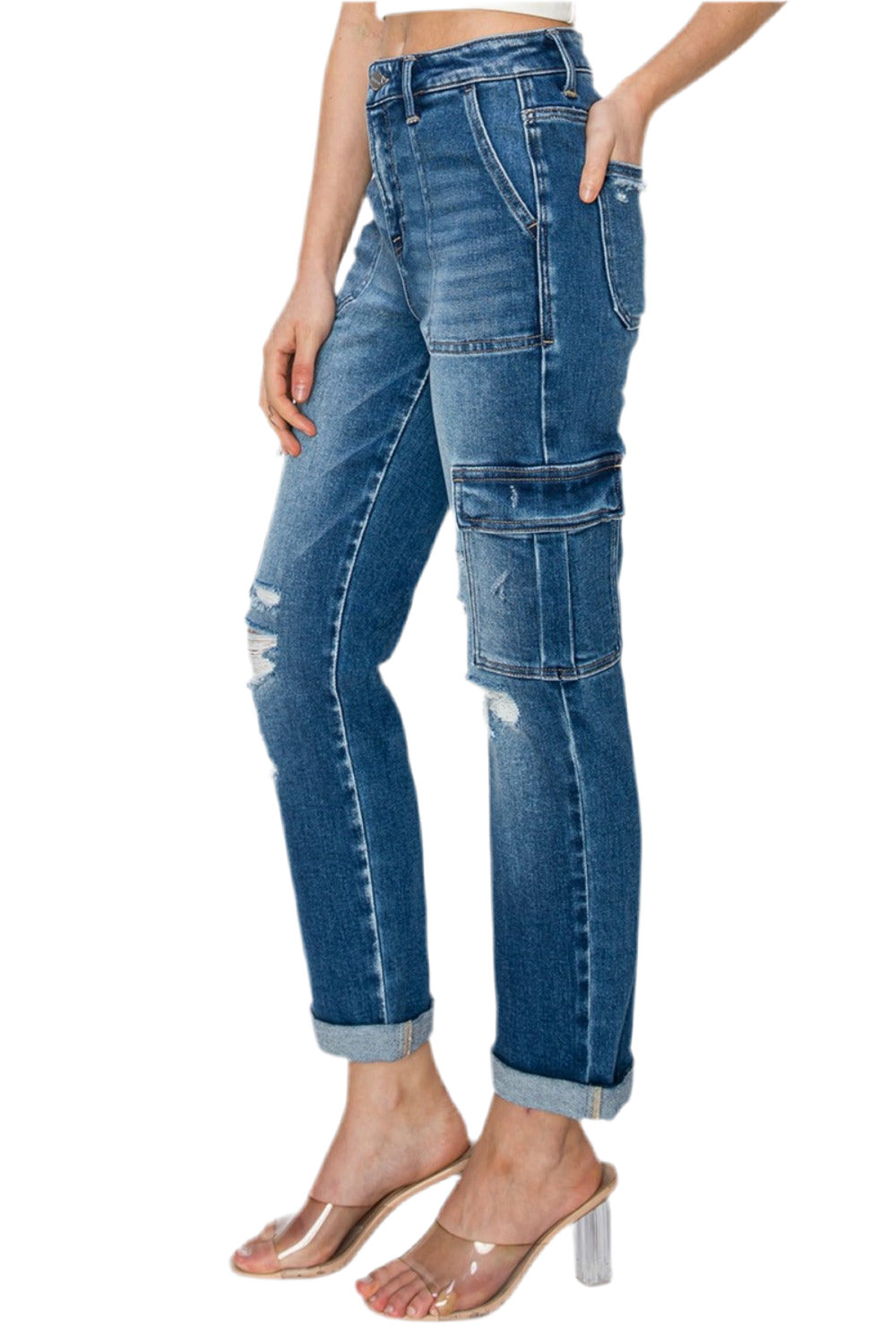 RISEN Full Size High Rise Cargo Ankle Roll Up Straight Jeans