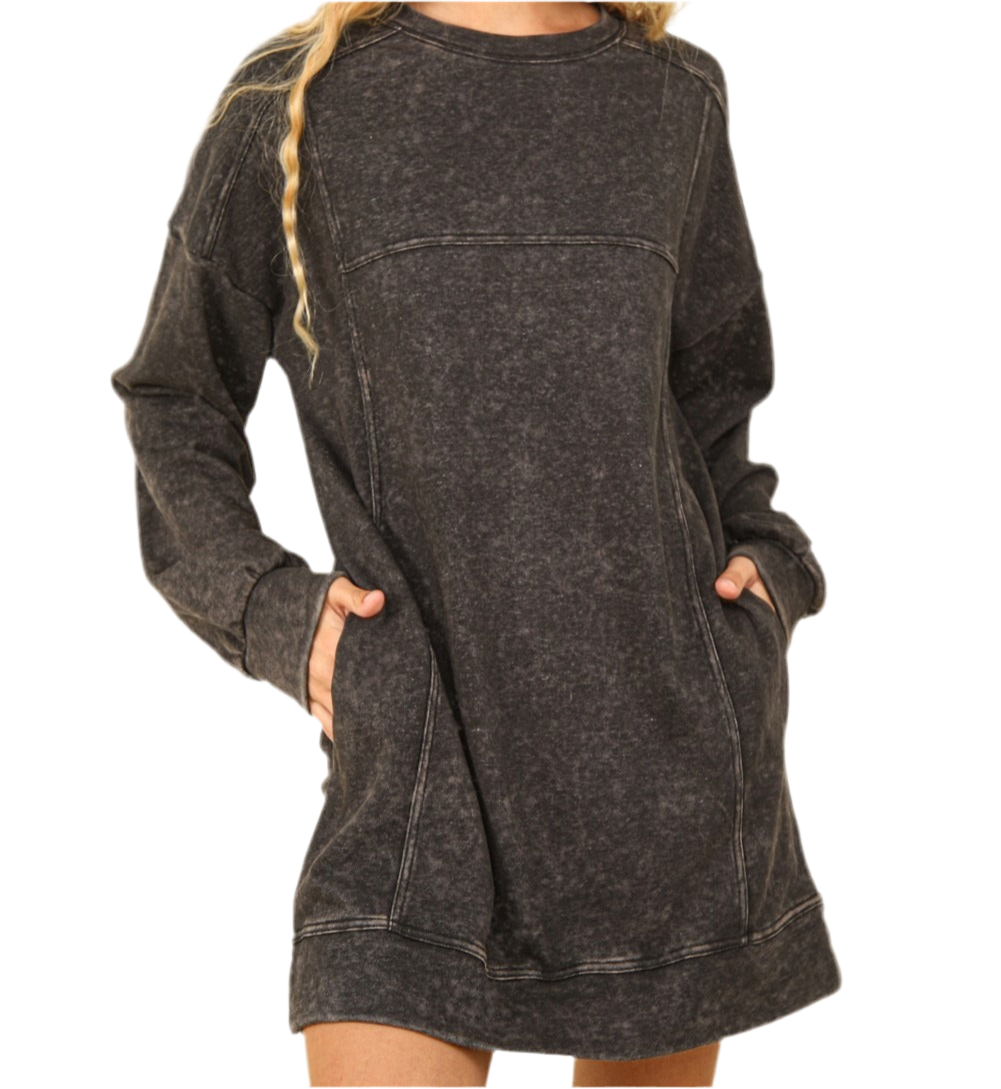 Mineral Washed Oversized Sweatshirt Mini Dress- Black