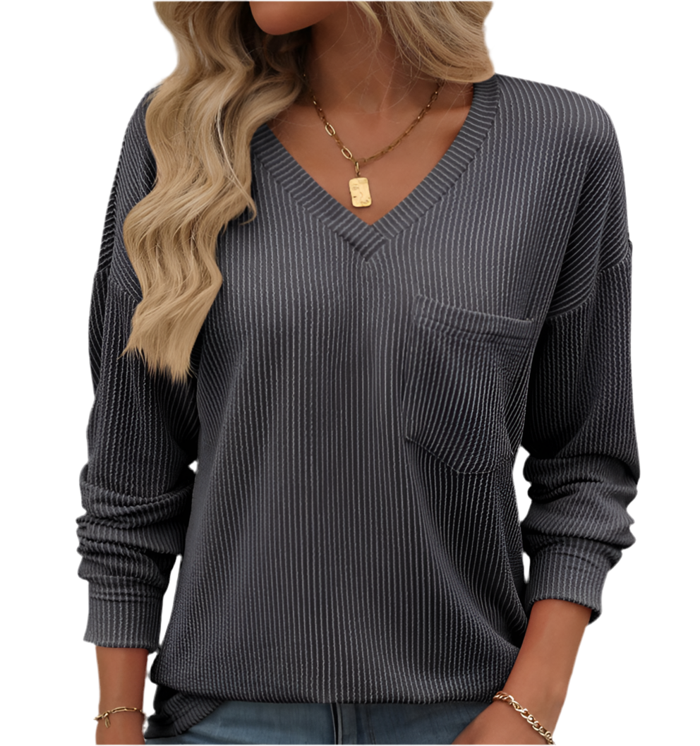 Ribbed V-Neck Long Sleeve T-Shirt