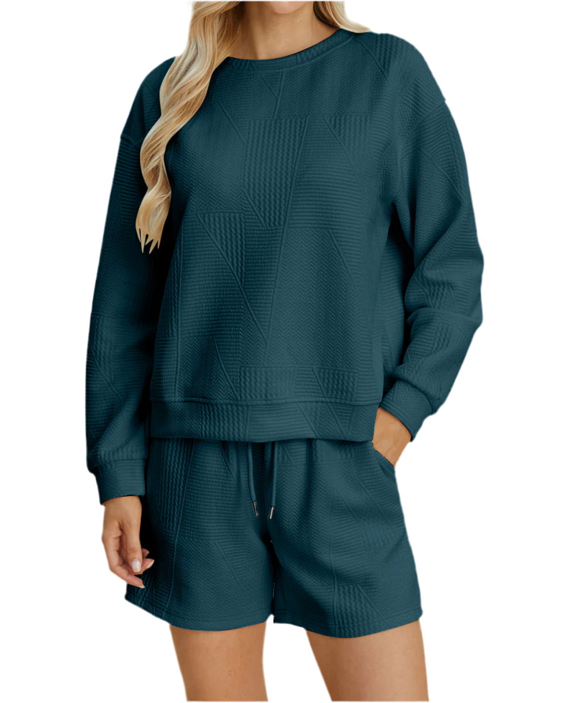 Texture Long Sleeve Top and Shorts Set- Peacock Blue