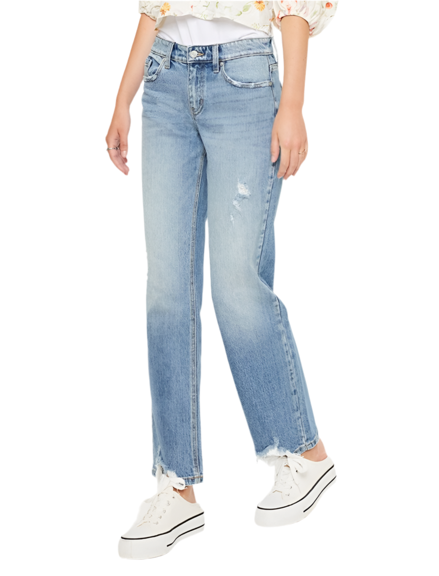 Kancan Mid Rise Frayed Hem Straight Jeans