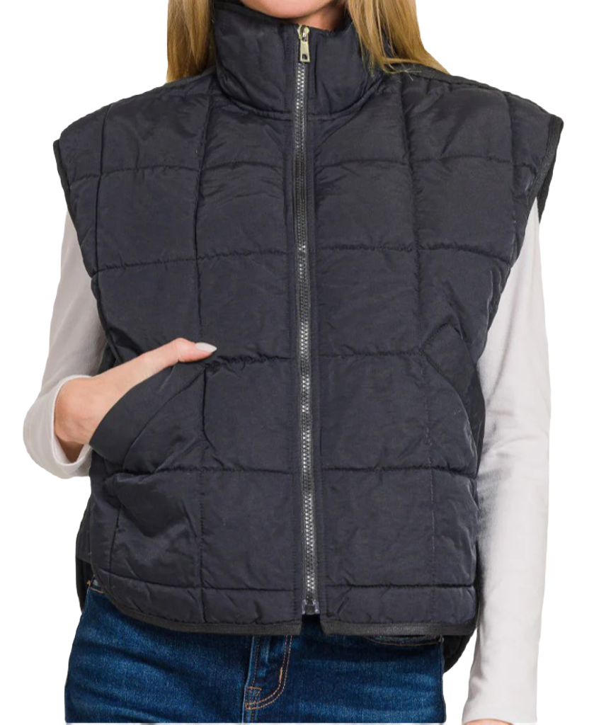 Cropped Puffer Vest- Black