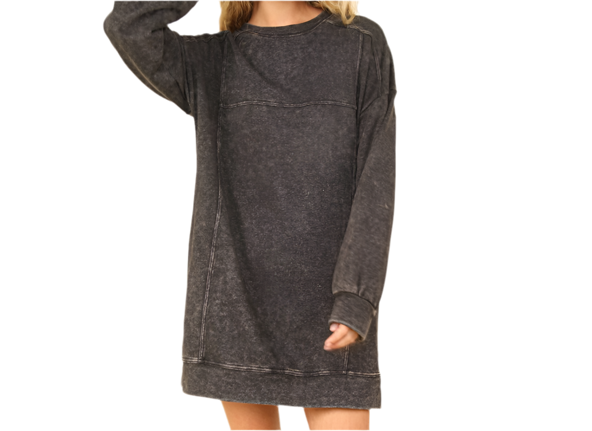 Mineral Washed Oversized Sweatshirt Mini Dress- Black