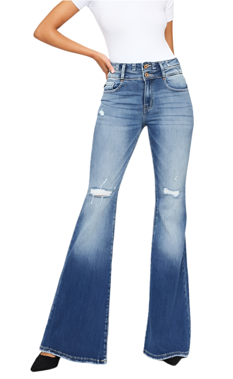 Kancan High Rise Wide Waistband Flare Jeans