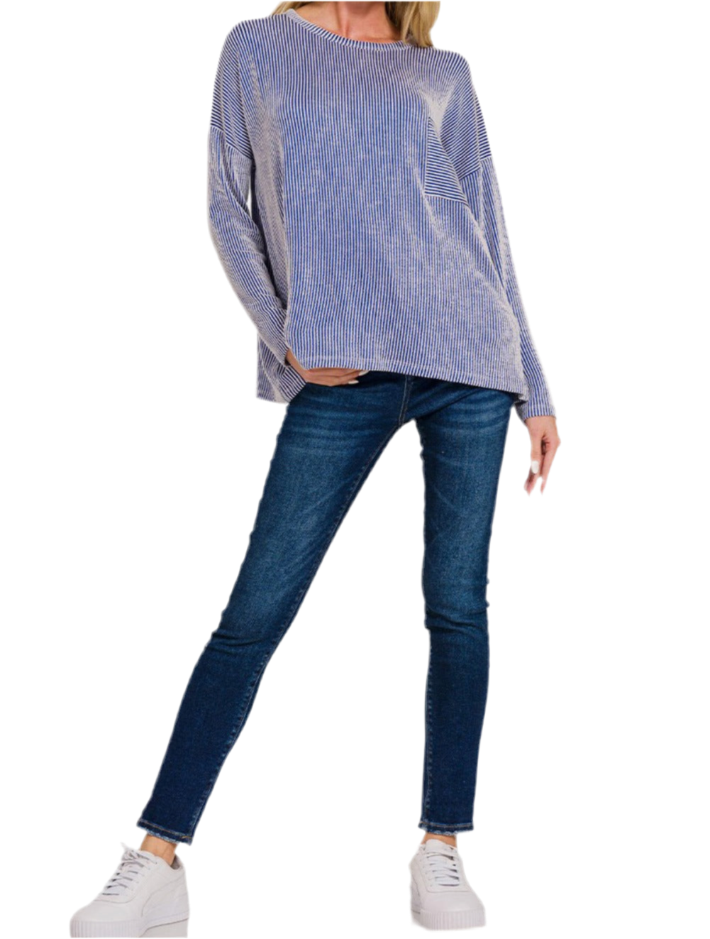 Ribbed Striped Long Sleeve T-Shirt- Bright Blue