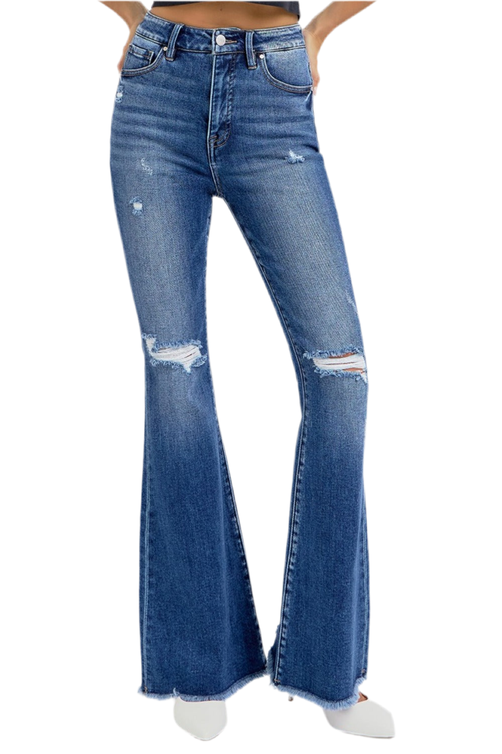 RISEN High Rise Distressed Raw Hem Flare Jeans