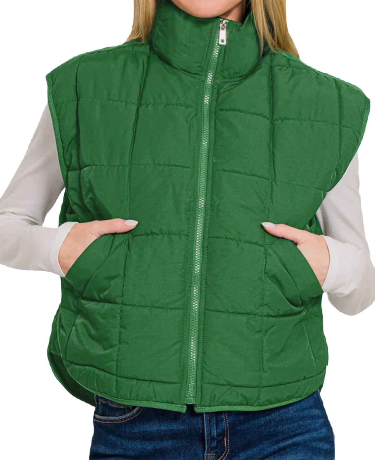 Cropped Puffer Vest- Dk Green